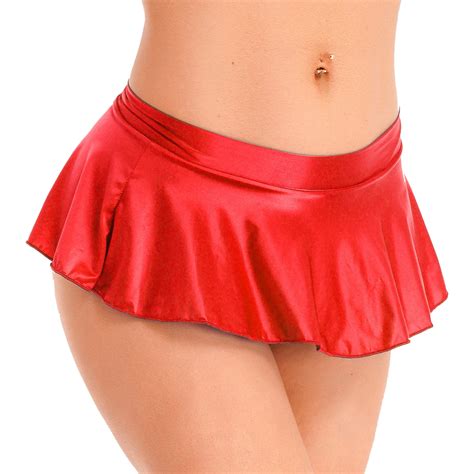 Womens Solid Color Glossy Ruffled Skirt Low Rise Sexy Miniskirt