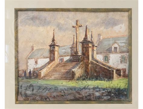 Calvary Landscape Watercolor Saint Cado Morbihan Brittany Adelaval Xxth