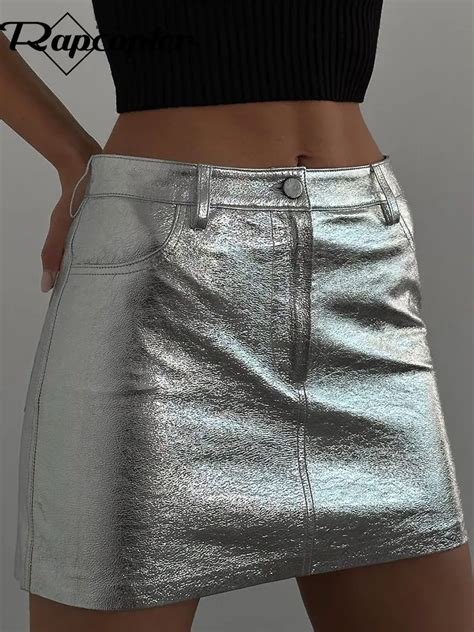 Rapcopter Leather Pencil Skirts Women Vintage Bling Fashion Streetwear