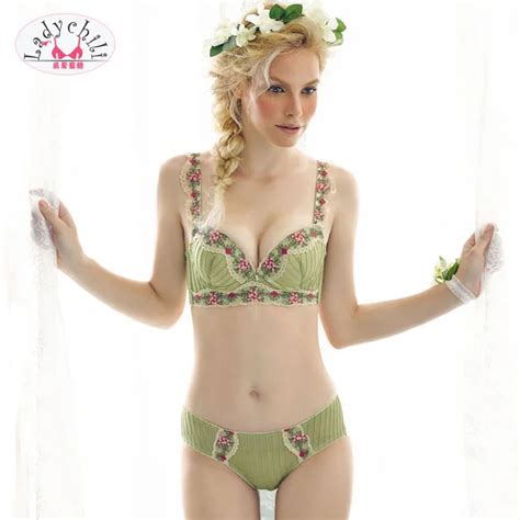 Cotton Lingerie Set Stripe Green Bra Set Embroidery Lace Flower Rim