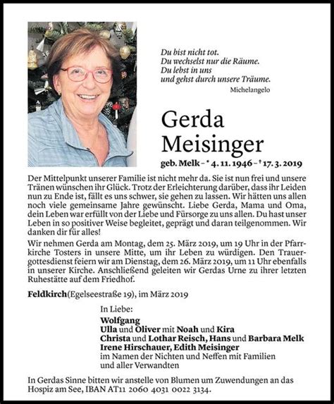 Todesanzeigen Von Gerda Meisinger Todesanzeigen Vorarlberger Nachrichten