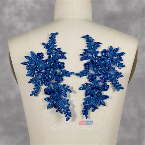 Royal Blue Beaded Floral Lace Appliques For Sewing Oneyard