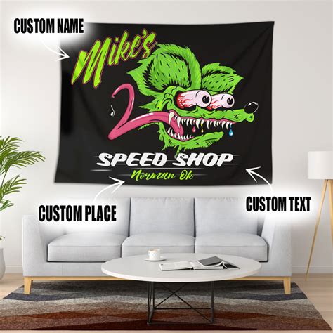 Personalized Speed Shop Rat Fink Hot Rod Garage Tapestry Dingmun