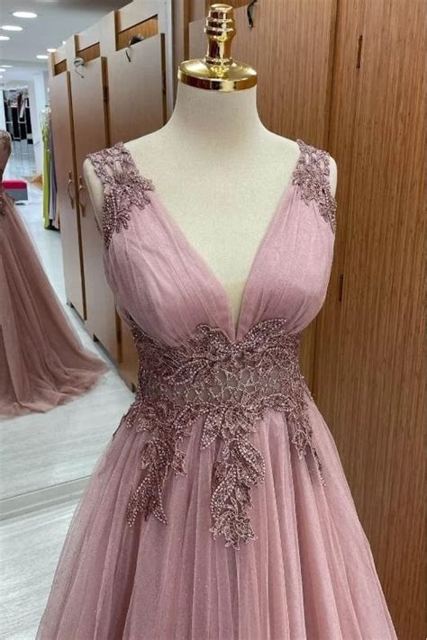 Cecilia Charming Nude Pink V Neck Appliques A Line Prom Dresses