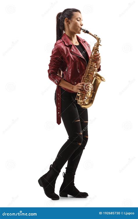 Full Length Shot Of A Young Female Saxophonist Playing A Sax Stock