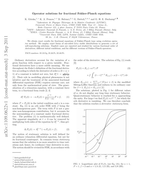 Pdf Operator Solutions For Fractional Fokker Planck Equations