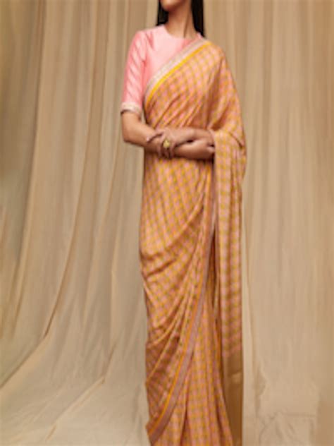 Buy Masaba Beige Pink Striped Pure Crepe Saree Sarees For Women