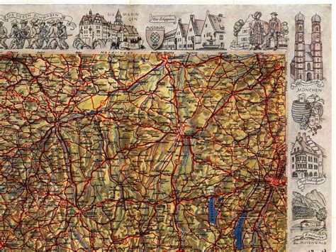 Bavaria Germany map, vintage map of Bavaria with images of most ...