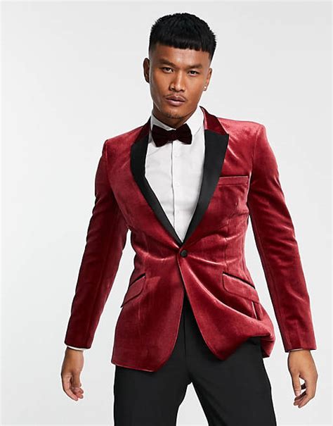 Asos Design Super Skinny Velvet Blazer With Contrast Lapel In Burgundy