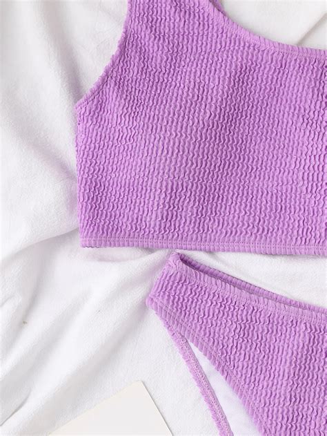 One Shoulder Bikini Textured Swimwear High Cut Swimsuit Solid Bathing Suit Women Brazilian TK