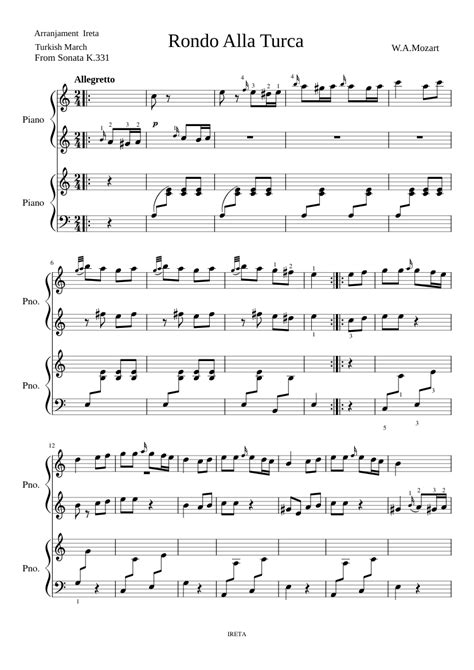 Rondo Alla Turca Mozart Sheet Music For Piano Piano Four Hand