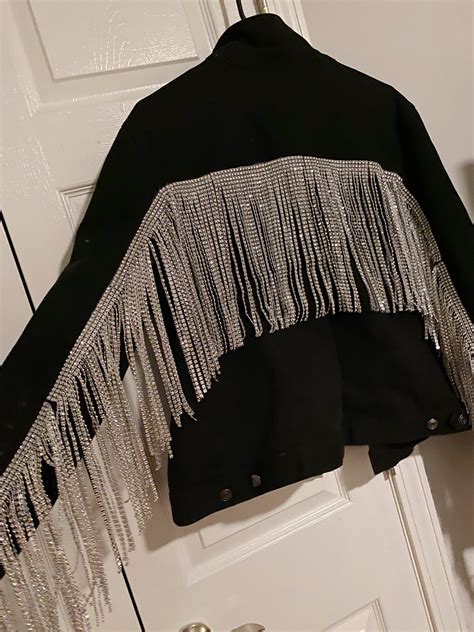 Rhinestone Fringe Black Denim Jacket Etsy