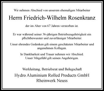 Alle Traueranzeigen für Friedrich Wilhelm Rosenkranz trauer rp online de