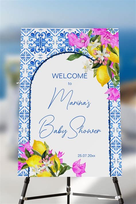 Baby Shower Welcome Sign Board Blue Tiles Lemons Bougainvillea For