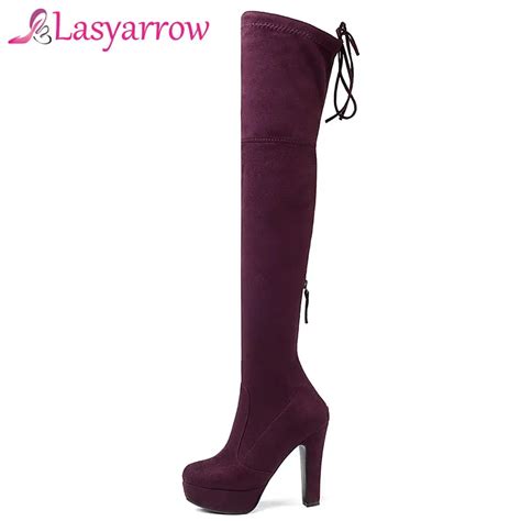 Lasyarrow Suede Women Thigh High Boots Stretch Slim Sexy Fashion Over