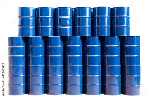 New Steel Barrel Blue Oil Tank Stack Many Drum In Toxic Waste Stock