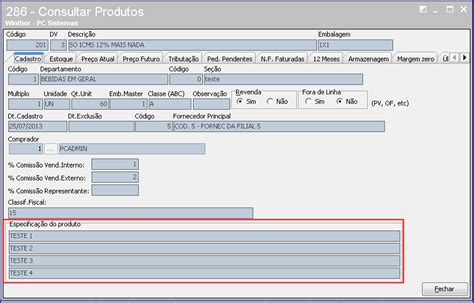 WINT Onde inserir as informações do campo Especificação do produto
