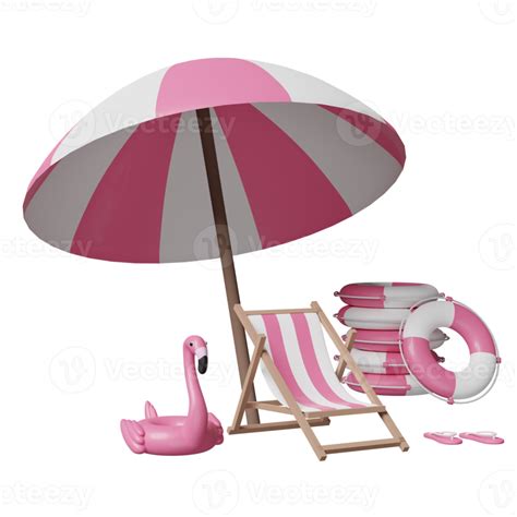 Summer Sea Beach With Beach Chair Umbrella Inflatable Flamingo Pile Of Stacked Lifebuoy