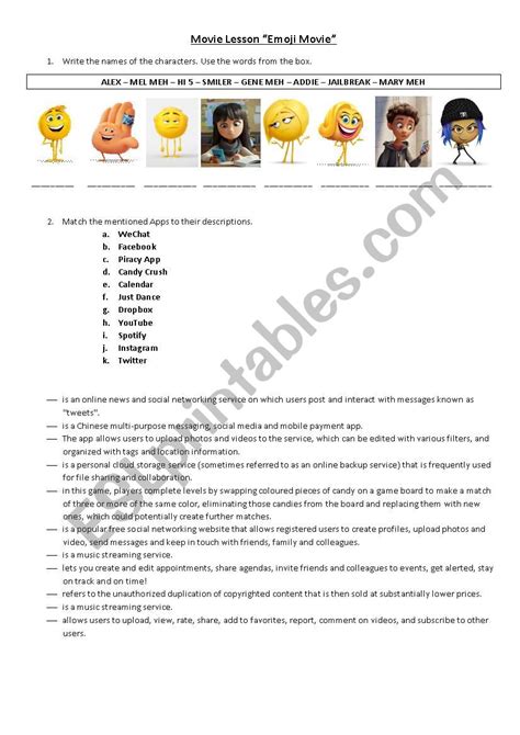 Movie Lesson Emoji Movie Esl Worksheet By Gieleven