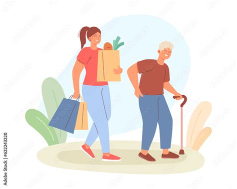 Young medical worker helping to elderly human. Lady helping to carry