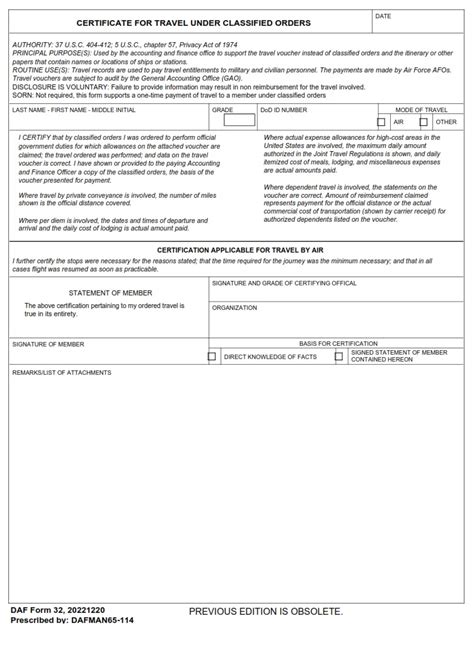 Daf Form 32 Certificate For Travel Under Classified Orders Af Forms