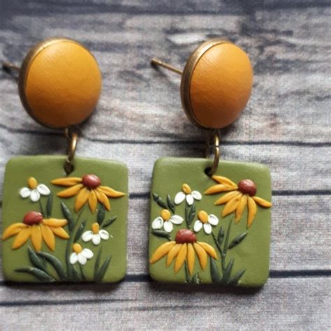 Mustard Yellow And Green Large Dangle Earrings Flower Stud Etsy