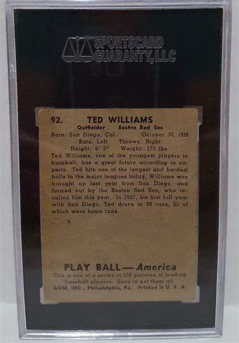 Play Ball Ted Williams Rc Sgc Vg Ex Centered Red Sox