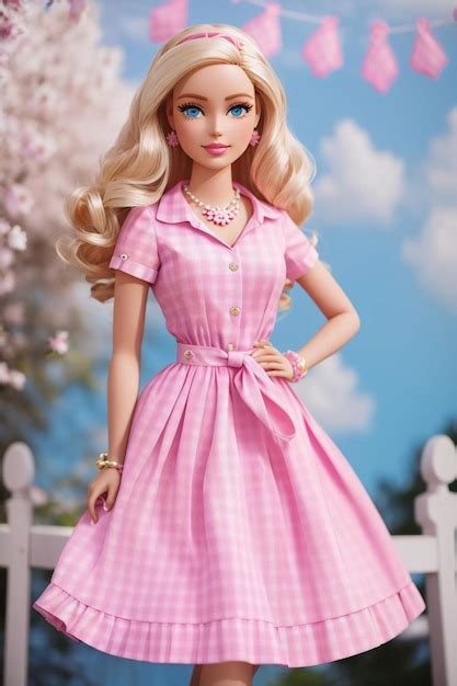 Mu Eca Barbie Con Vestido Rosa A Cuadros Foto Premium