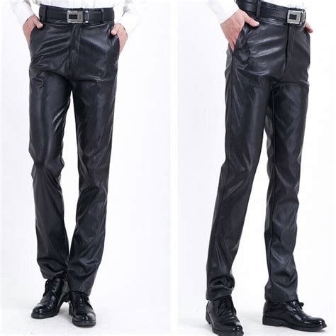 Men Faux Leather Pants Wet Look Trousers Motorcycle Biker Metallic