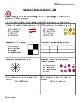 Grade 3 Fractions Unit Test Based On Ontario S New Math Curriculum