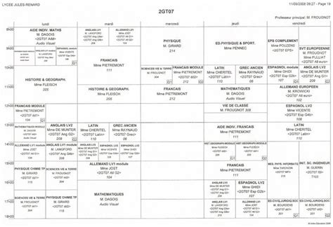 Emploi du temps des élèves de Seconde 7 Section Européenne SVT