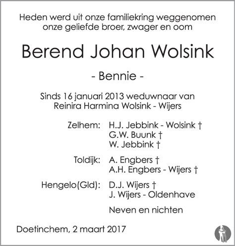 Berend Johan Bennie Wolsink 02 03 2017 Overlijdensbericht En