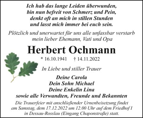 Traueranzeigen Von Herbert Ochmann Abschied Nehmen De