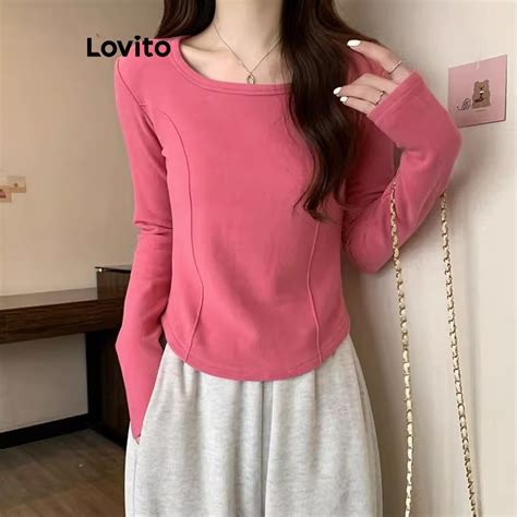 Lovito Women Casual Plain Long Sleeve Basic T Shirt Lna26247 Pink