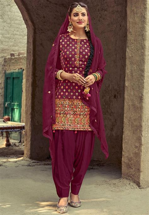 embroidered georgette punjabi suit  magenta semi stitched
