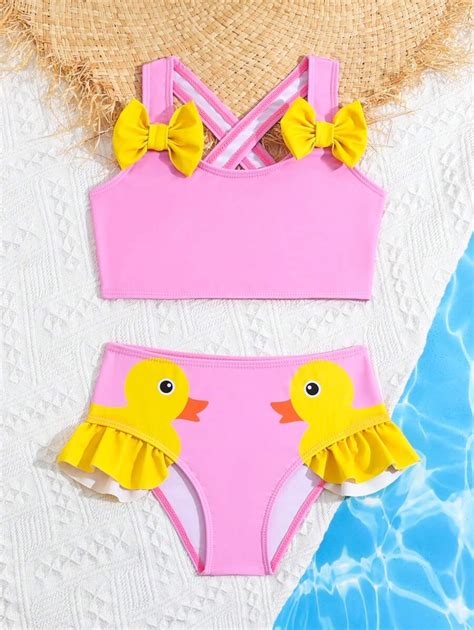 Conjunto de bikini con bloques de color y decoración de lazo lindo para niña para la playa y la