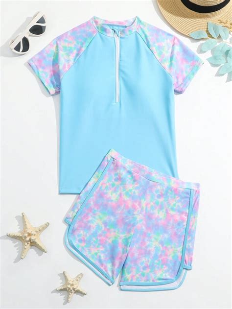 Tween Girl Zipper Front Raglan Sleeve Tie Dye Top Shorts Bikini