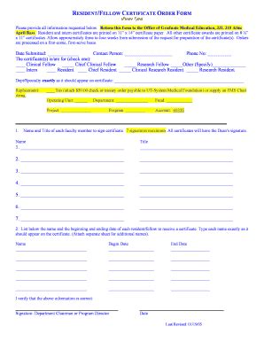 Fillable Online Uth Tmc RESIDENT FELLOW CERTIFICATE ORDER FORM Date