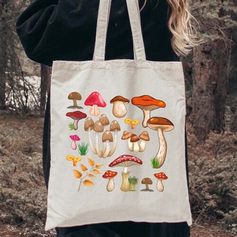 Mushrooms Canvas Tote Bag Mushroom Plant Floral Tote Bag Etsy