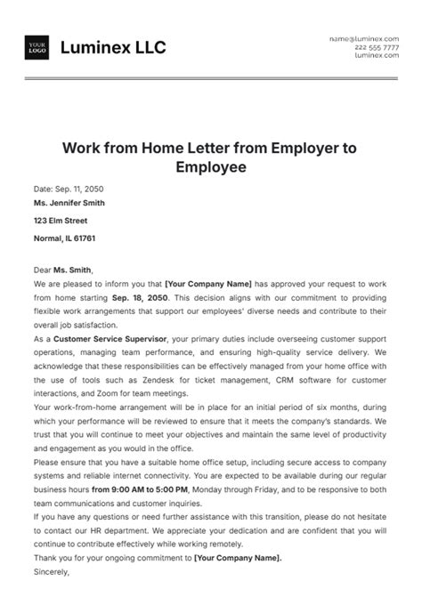 Free Work From Home Letter Templates And Examples Edit Online And Download