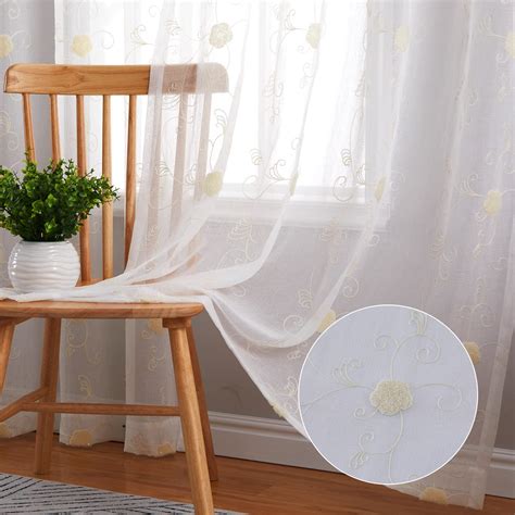 HA-EMORE Sheers for Windows Curtains, White Floral Embroidered Semi