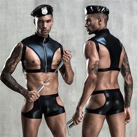 JSY Sexy Cosplay Lingerie Set Men Police Uniform Latex Underwear Black Erotic Lingerie Porno