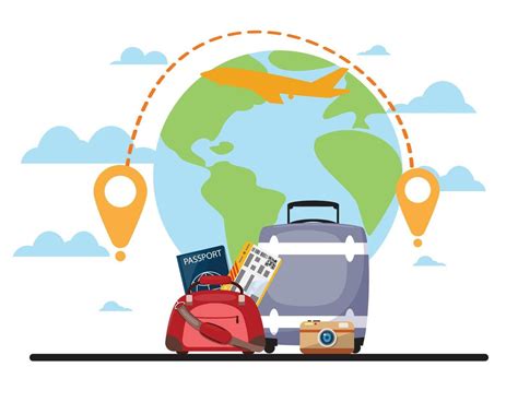 Modern Cartoon Illustration With Travel Items On Cloudy Background