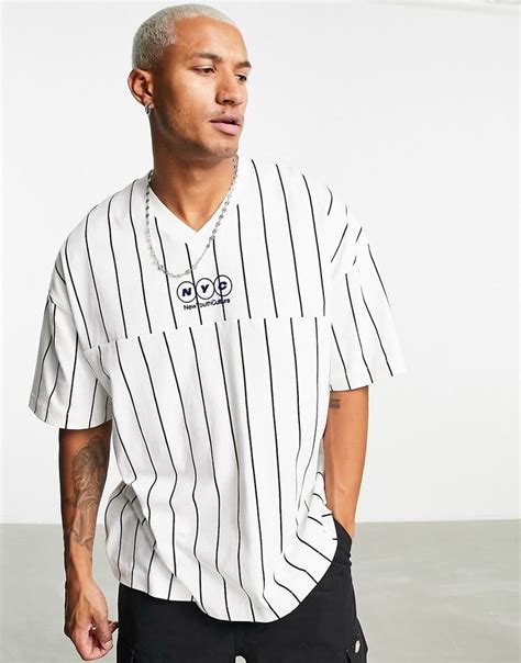 Topman Extreme Oversized Vee Neck T Shirt With Stripe In White Asos