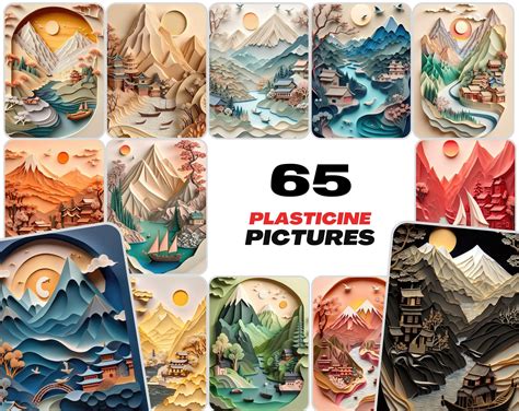 65 Plasticine Pictures Bundle, Colorful Clay Art, Handmade Modelling C