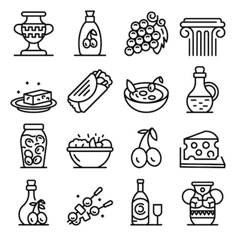 Premium Vector Greek Cuisine Icons Set Outline Style