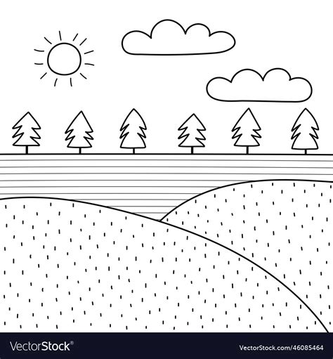 Black and white meadow landscape in cartoon style Vector Image