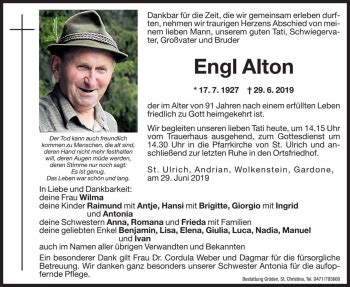 Traueranzeigen Von Engl Alton Trauer Bz