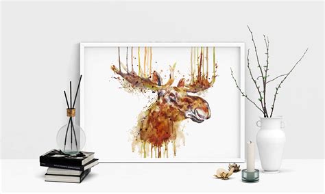 Watercolor Painting of a Moose Head, Aquarelle Moose Poster, Moose ...