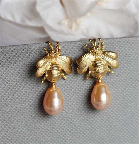 Bee Earrings, Gold Bee Earrings, Dangle Pearl Earrings, Bumble Bee Earrings, Gold Bee Jewelry ...